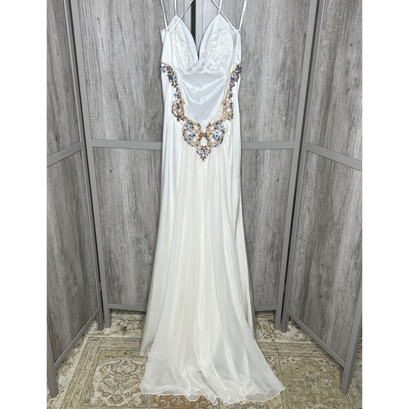 Sherri Hill Silk Ivory Formal Dress Jeweled Open Back Train Size 10 Altered - Picture 12 of 16